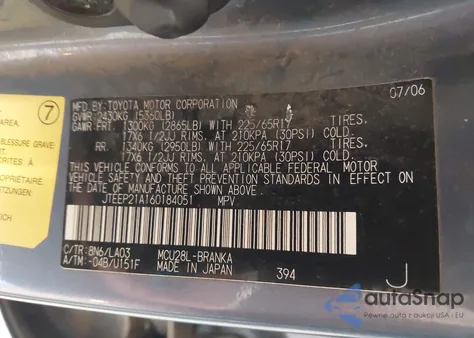 2006 Toyota Highlander Limited V6 z USA, uszkodzony, nr VIN JTEEP21A160184051